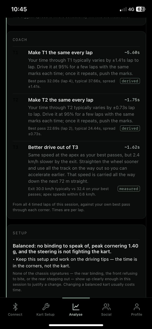 The coach's three tips with the time each is worth and the evidence behind it, and the setup card's diagnosis